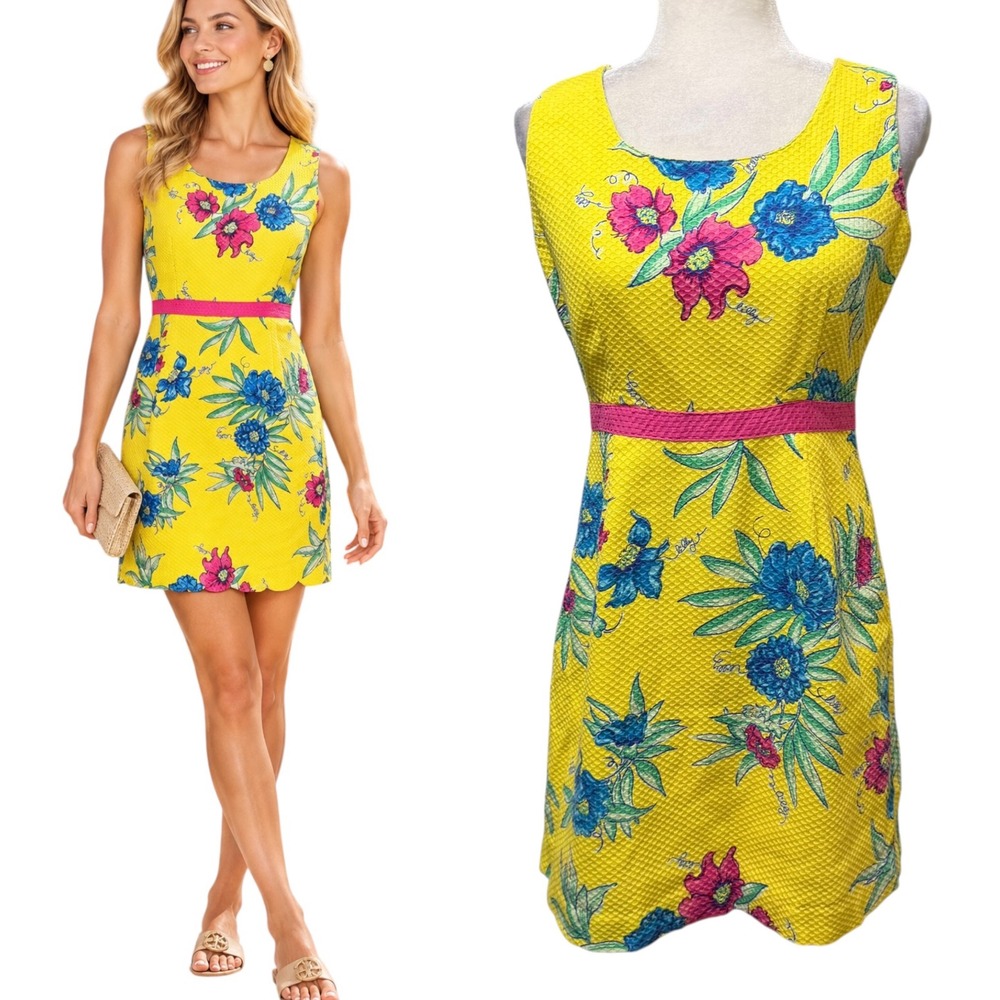 Vtg 90s Lilly Pulitzer Dress Womens 10 Yellow Floral Honeycomb Textured Feminine